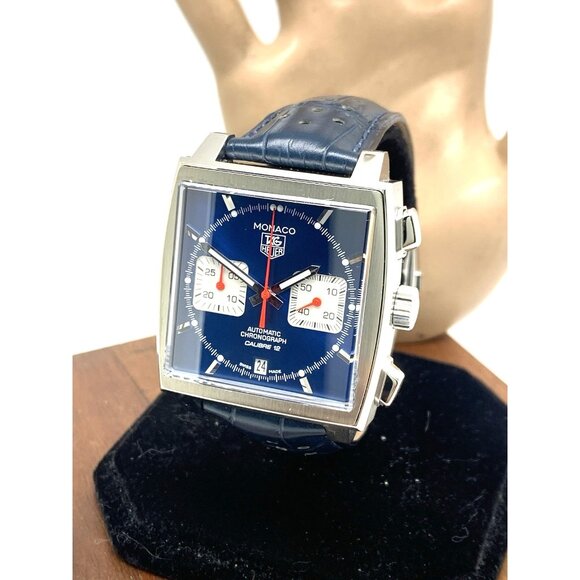 Tag Heuer Monaco Men's Watch CAW2111-0 Swiss Automatic Blue Dial Leather Strap - Picture 1 of 14